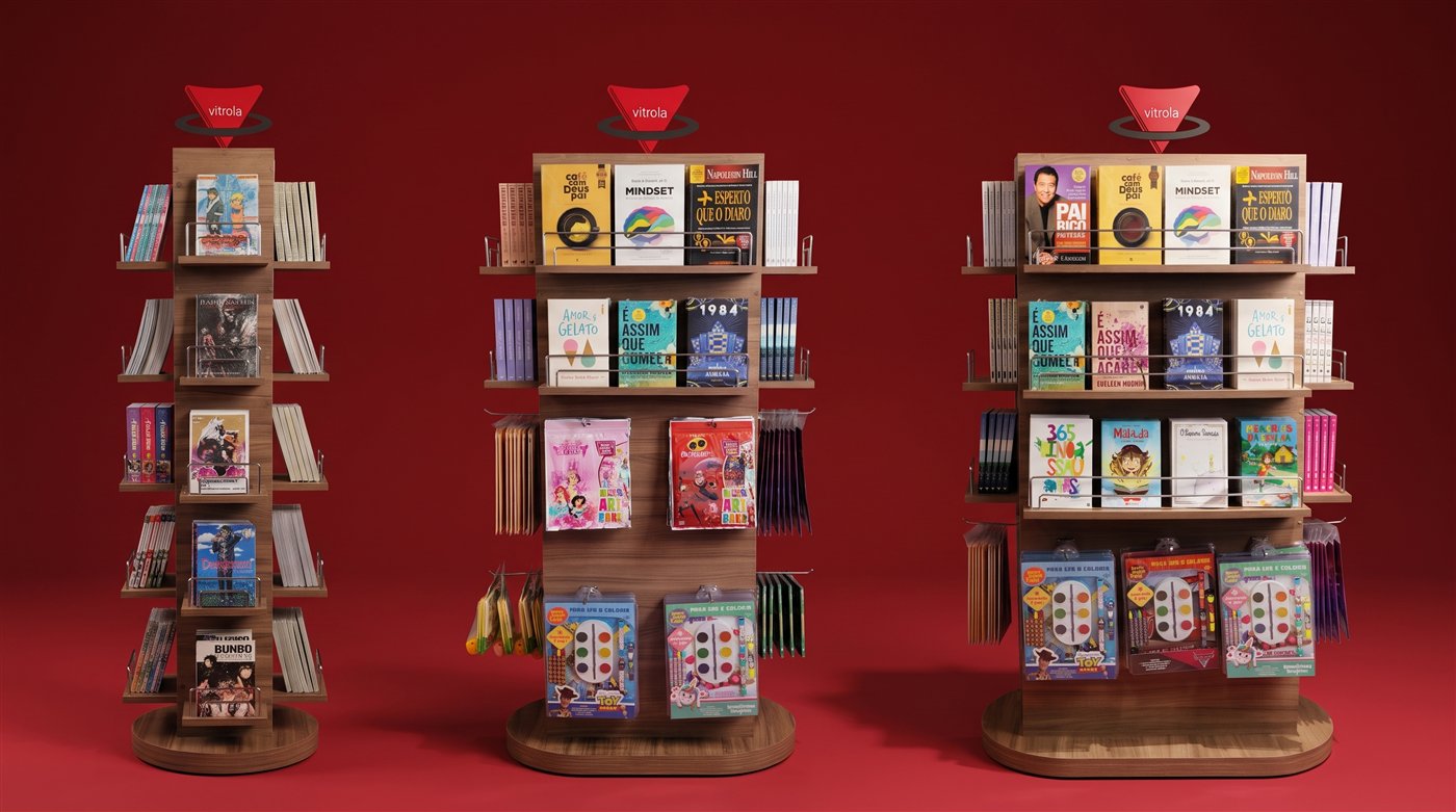 Três modelos de expositores Vitrola com uma seleção variada de livros